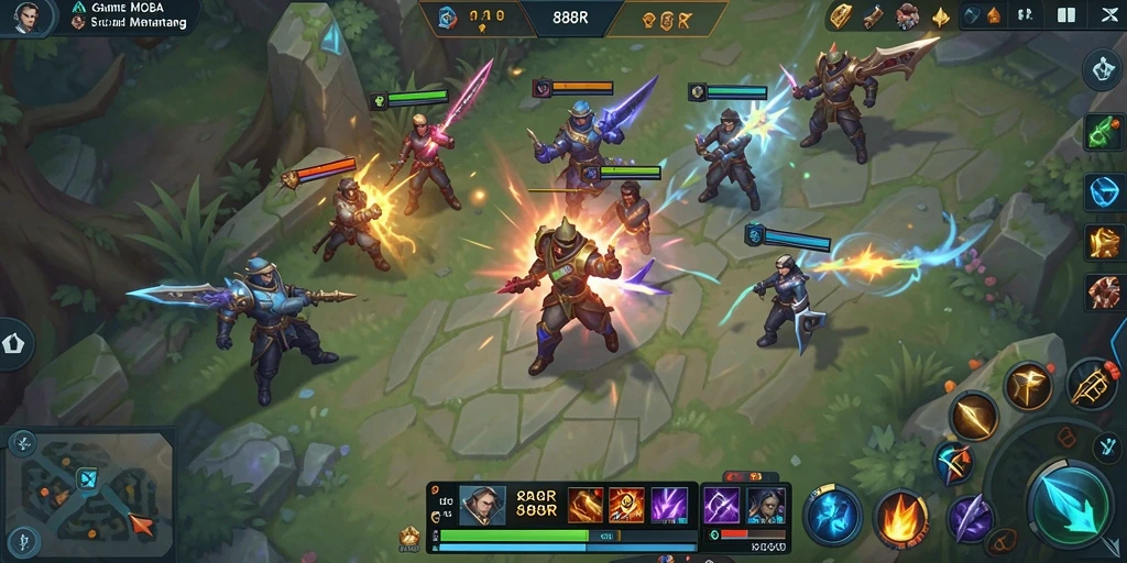 Tampilan gameplay seru dalam 888R dengan aksi seru di arena MOBA.