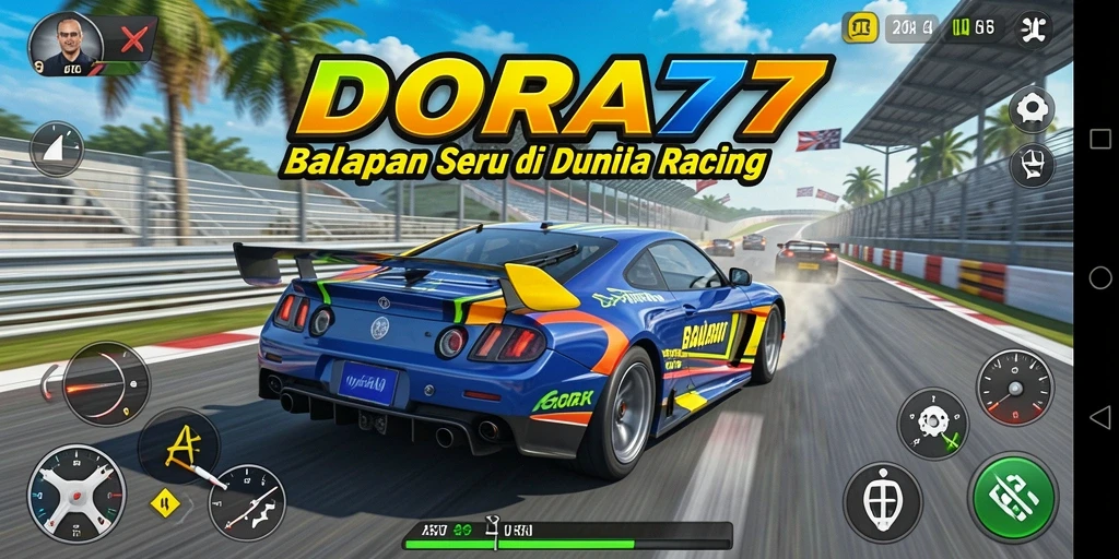 Screenshot gameplay DORA77 menampilkan balapan yang seru dan kendaraan cepat.