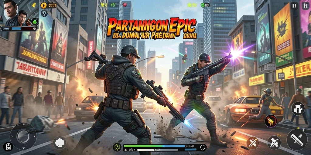 Gameplay JAKARTAWIN menampilkan pertarungan seru dengan berbagai karakter di arena.