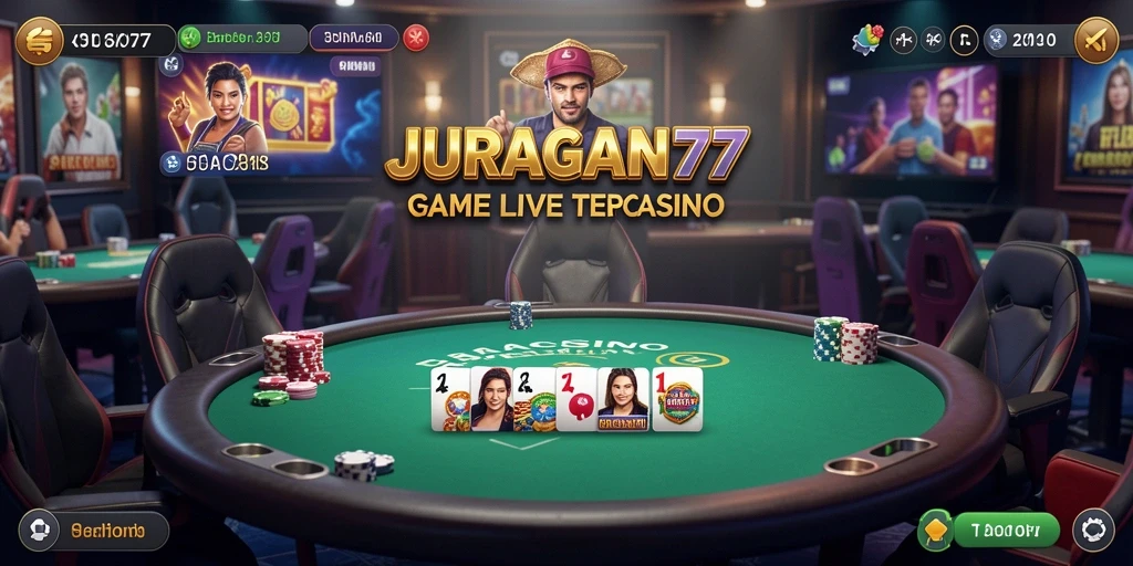 Screenshot gameplay JURAGAN77 menunjukkan dealer cantik dan meja permainan yang menarik.