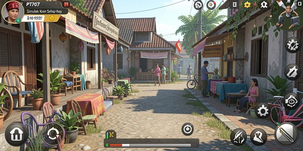 Tampilan gameplay PT707 yang menggambarkan kehidupan sehari-hari yang dinamis.
