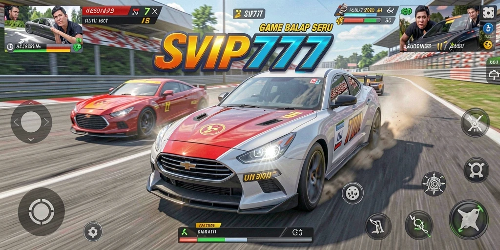 Tampilan gameplay SVIP777 dengan mobil balap yang melaju kencang di trek.