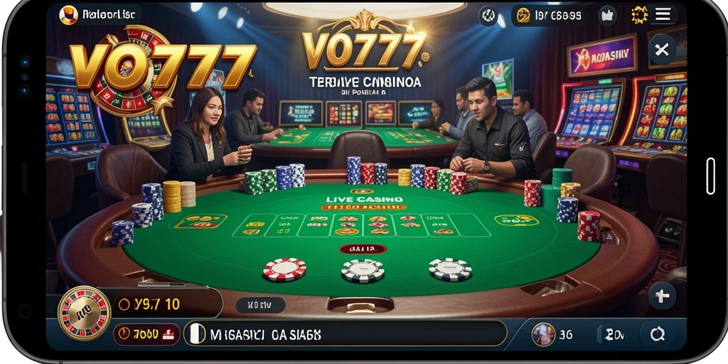 Screenshot VO777 menampilkan dealer langsung dan suasana permainan Live Casino yang mengasyikkan.